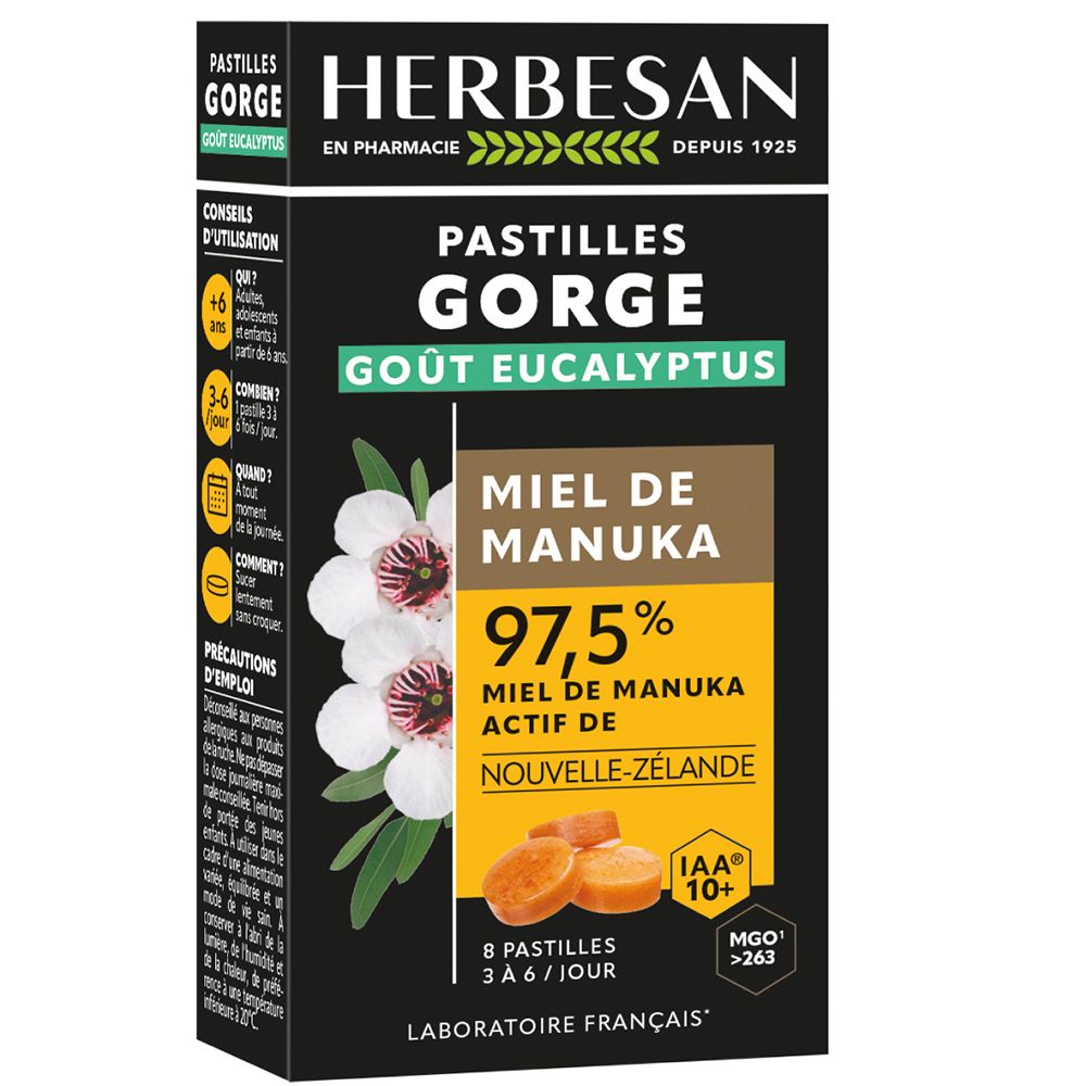 Boîte de pastilles Herbesan, Pastilles Gorge, goût Eucalyptus, Miel de Manuka 97,5%, IAA 10+. Fleurs et feuilles.