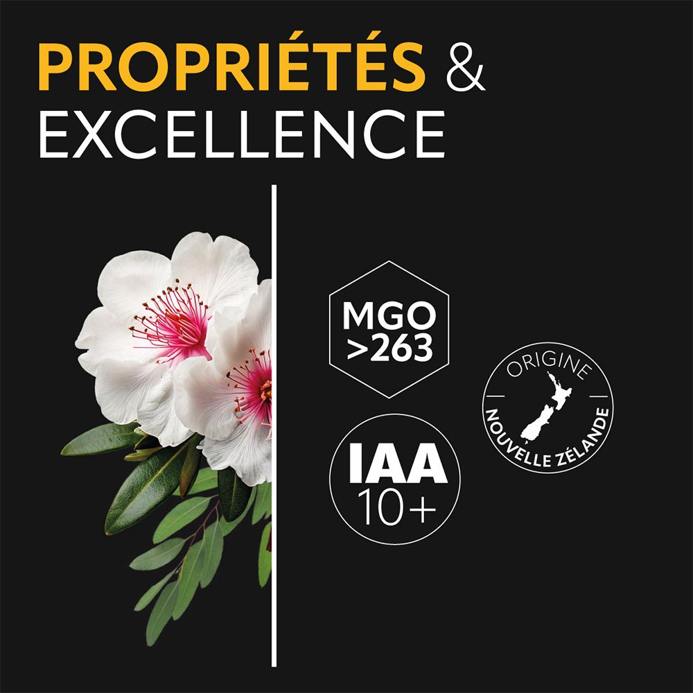 Fond noir avec fleurs et feuilles. IAA 10+ et MGO >263. Label d'origine Nouvelle-Zélande.
