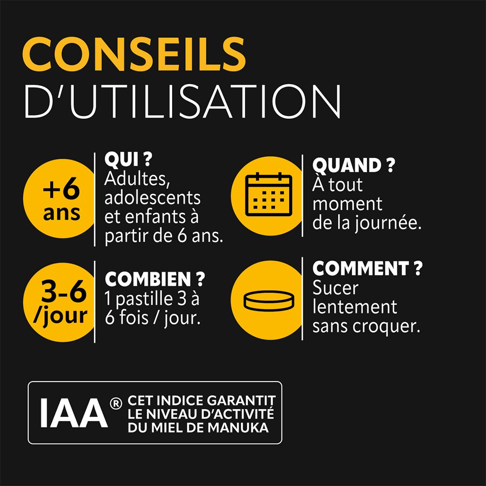 Conseils d'utilisation. Pour adultes et enfants +6 ans. 3-6 pastilles/jour. Sucer lentement.