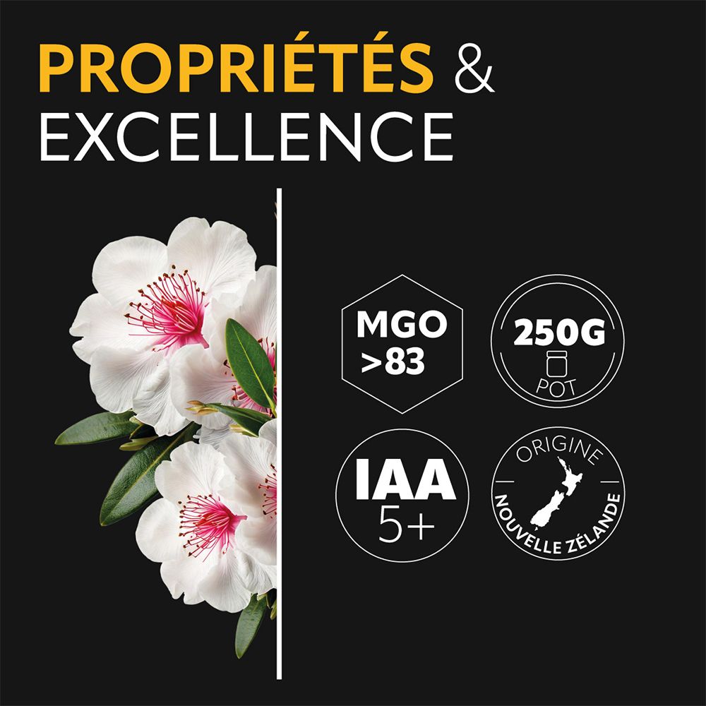 Graphique avec fleurs et informations. IAA 5+, MGO >83, 250G Pot, origine Nouvelle-Zélande.