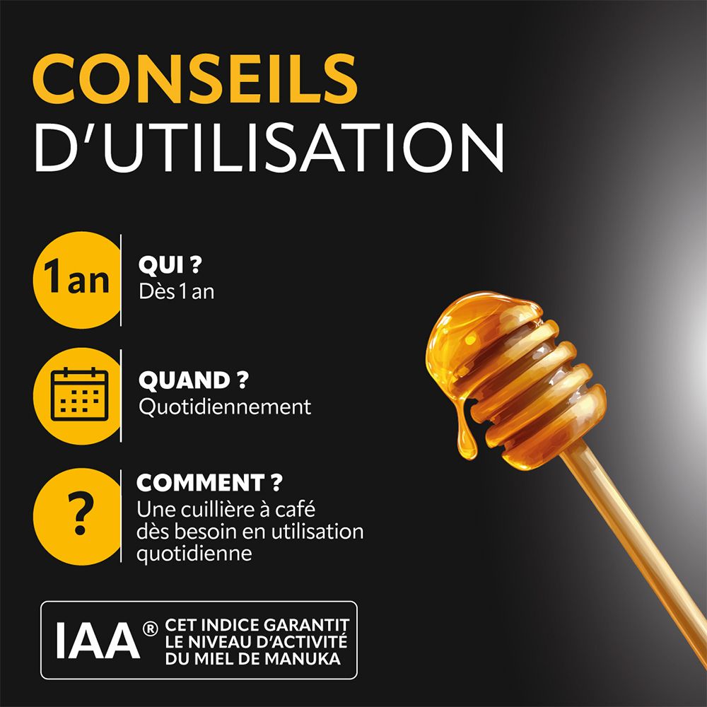Graphique avec informations d'utilisation. Dès 1 an, quotidiennement, 1 cuillère à café. Certification IAA.