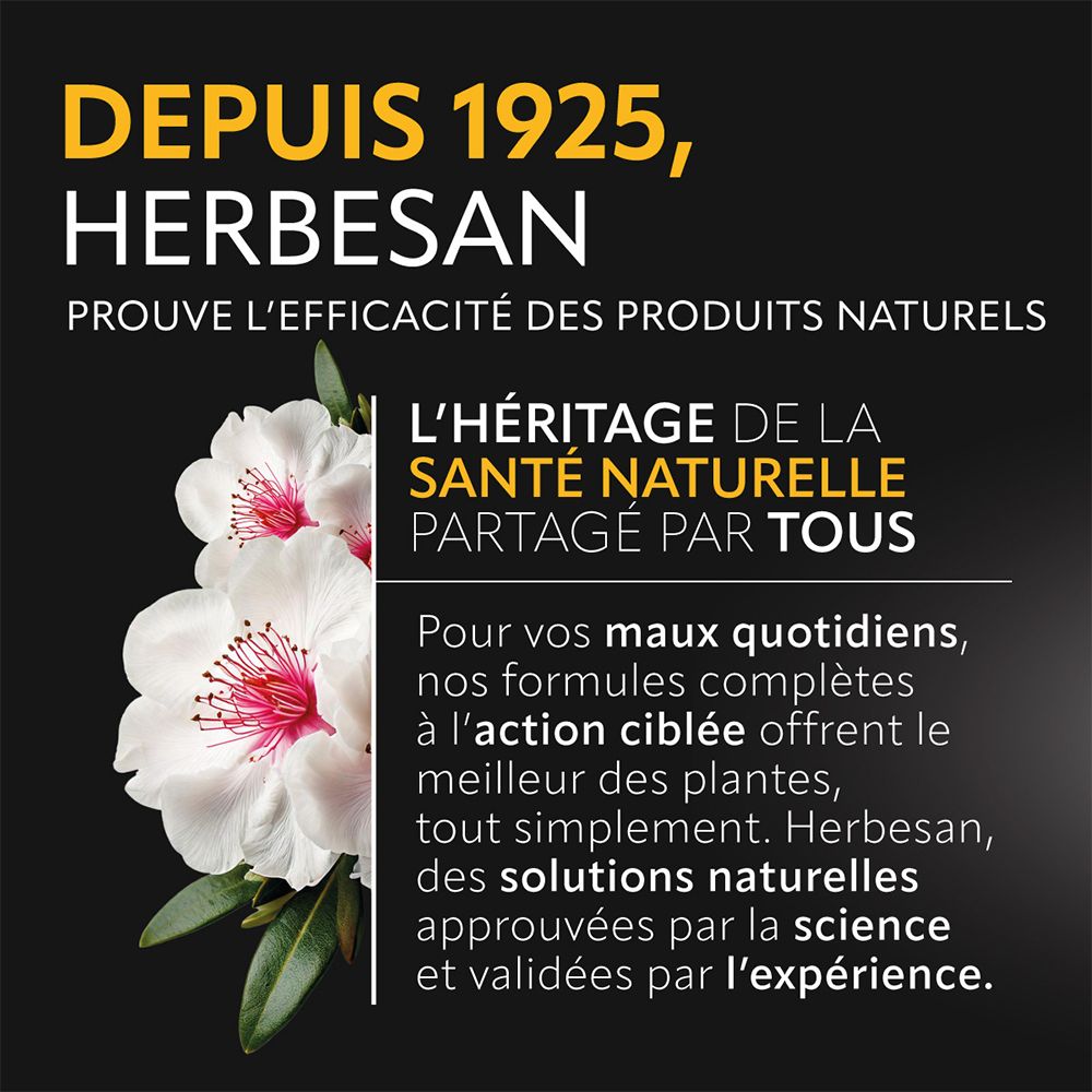 Texte sur HERBESAN et les produits naturels. Illustration florale.
