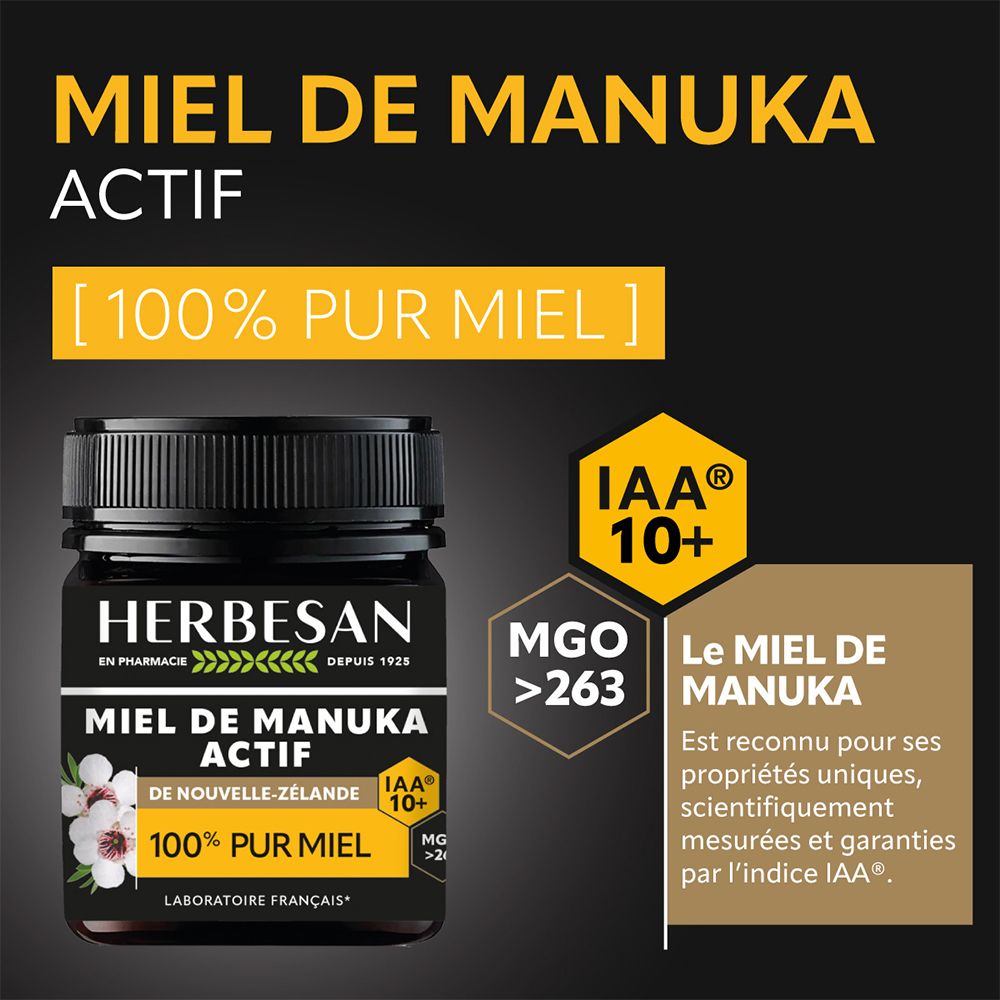 Produit avec couvercle noir. Inscription: Herbesan, Miel de Manuka Actif, IAA10+. 100% miel pur. MGO >263. Nouvelle-Zélande.