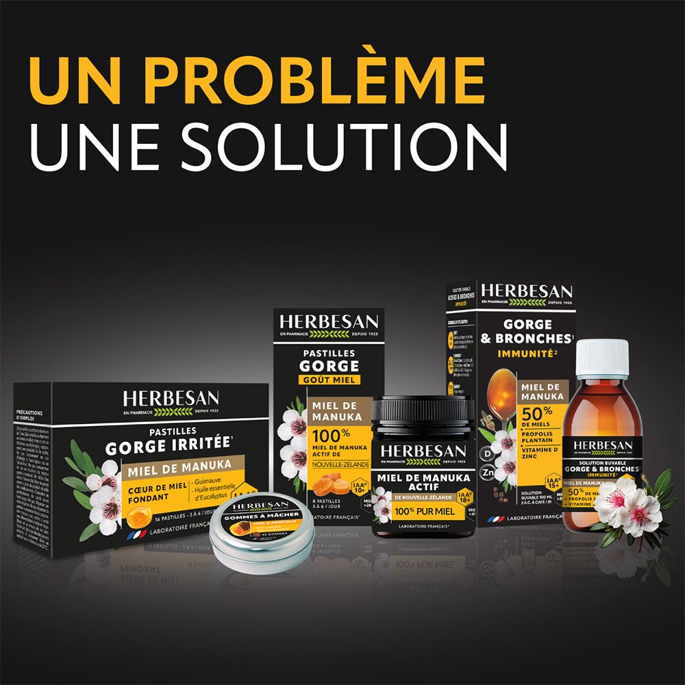 Différents produits HERBESAN®: pastilles, miel, sirop, baume au miel. Noms de produits et emballages.