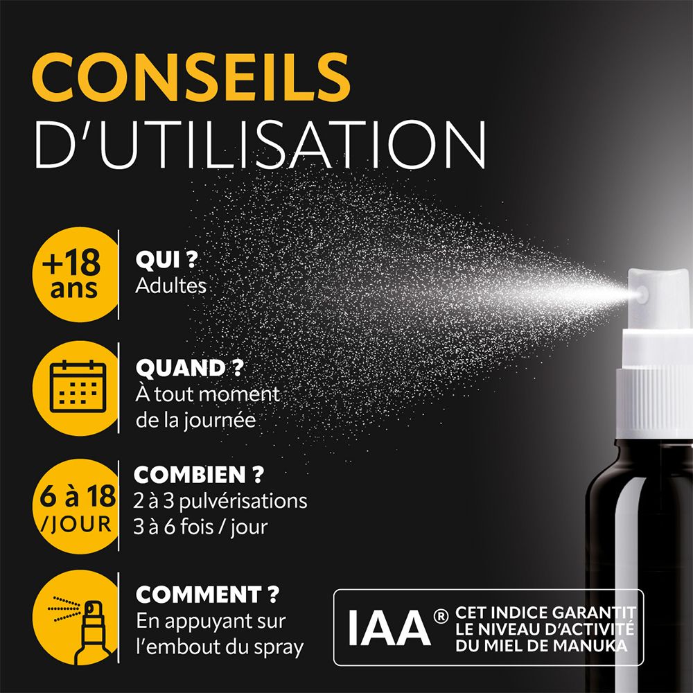 Conseils d'utilisation : +18 ans, à tout moment de la journée, 2-3 pulvérisations, 3-6 fois/jour. Certification IAA.