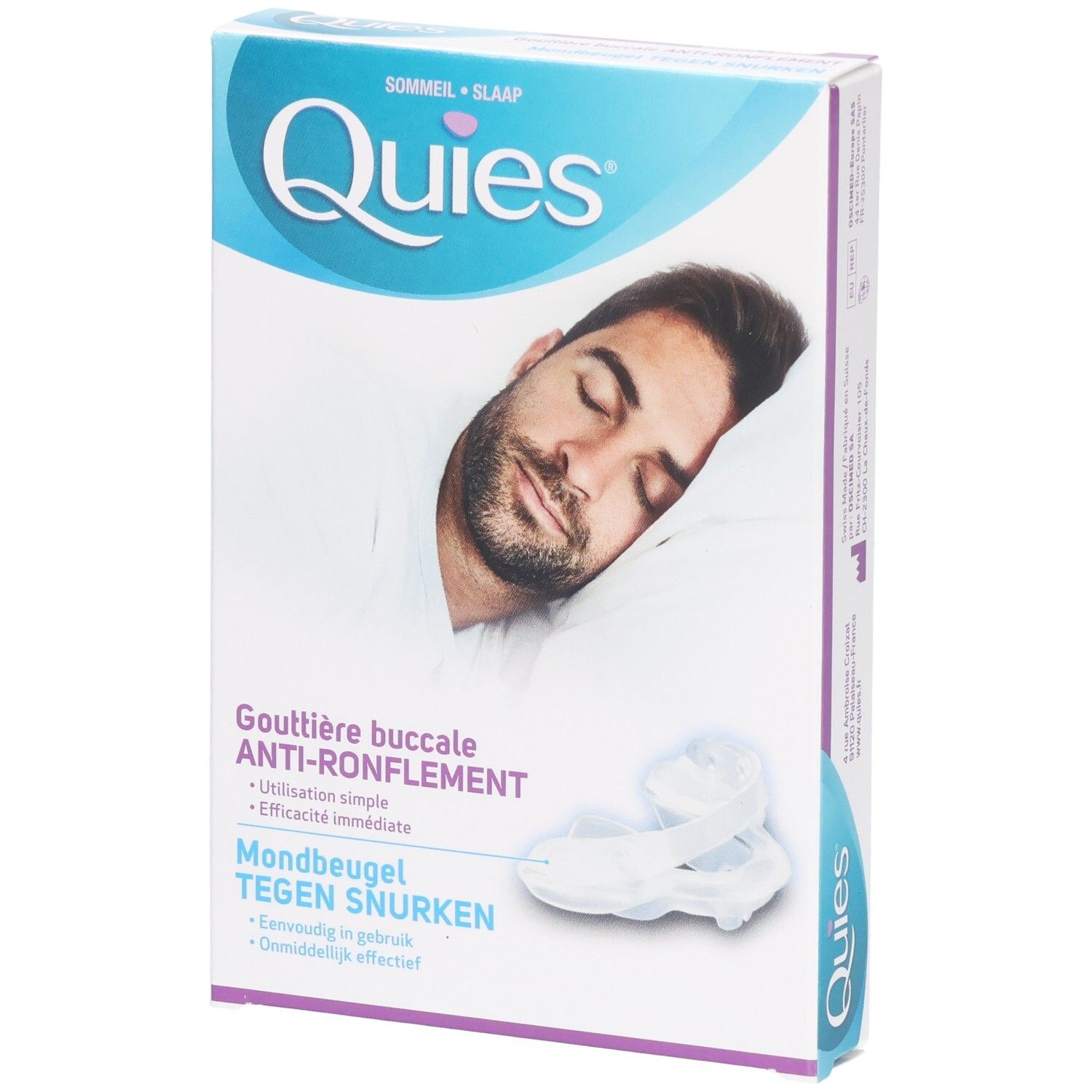 Quies Gouttière anti-ronflement, boîte avec un homme endormi.