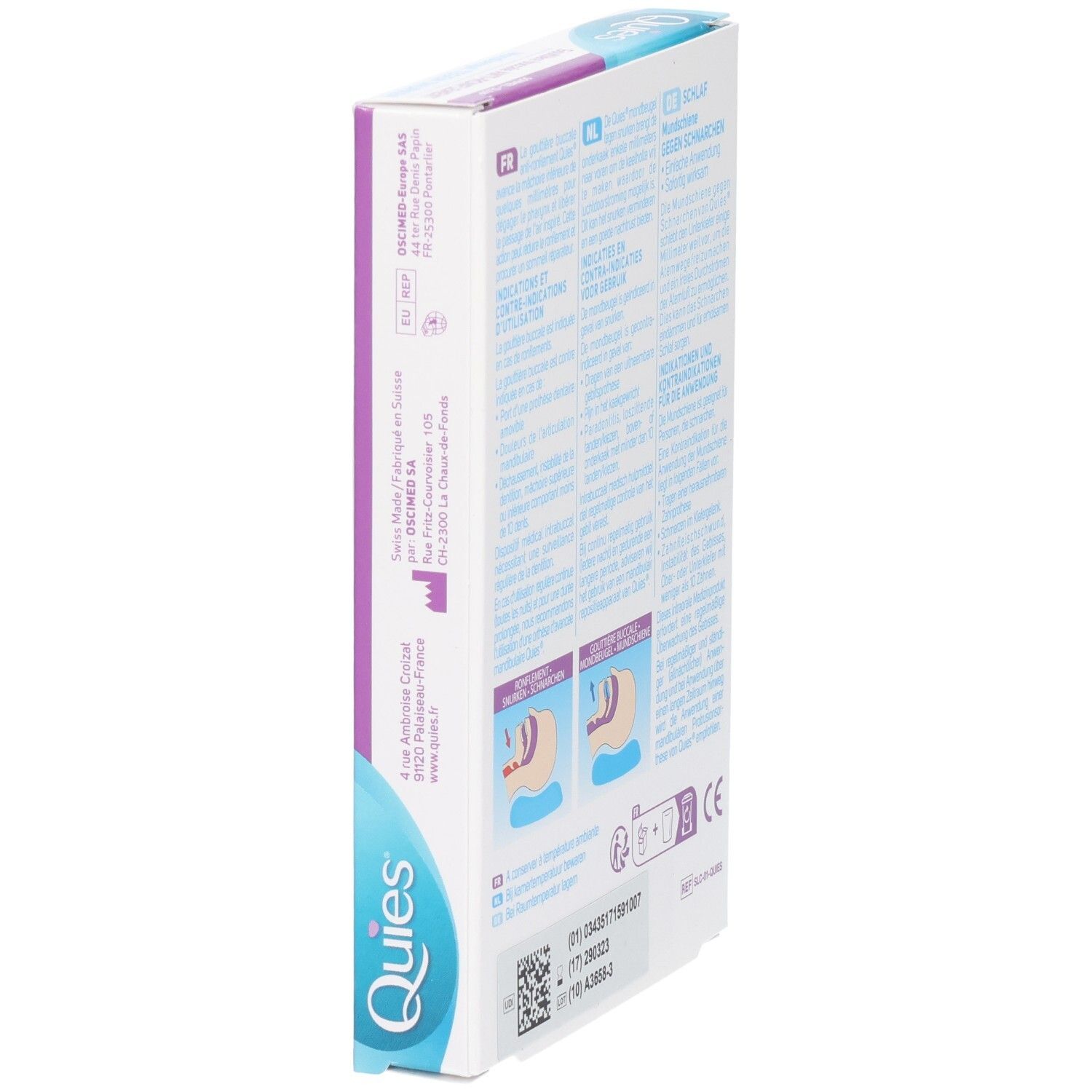 Vue latérale de l'emballage Quies Gouttière avec informations produit.