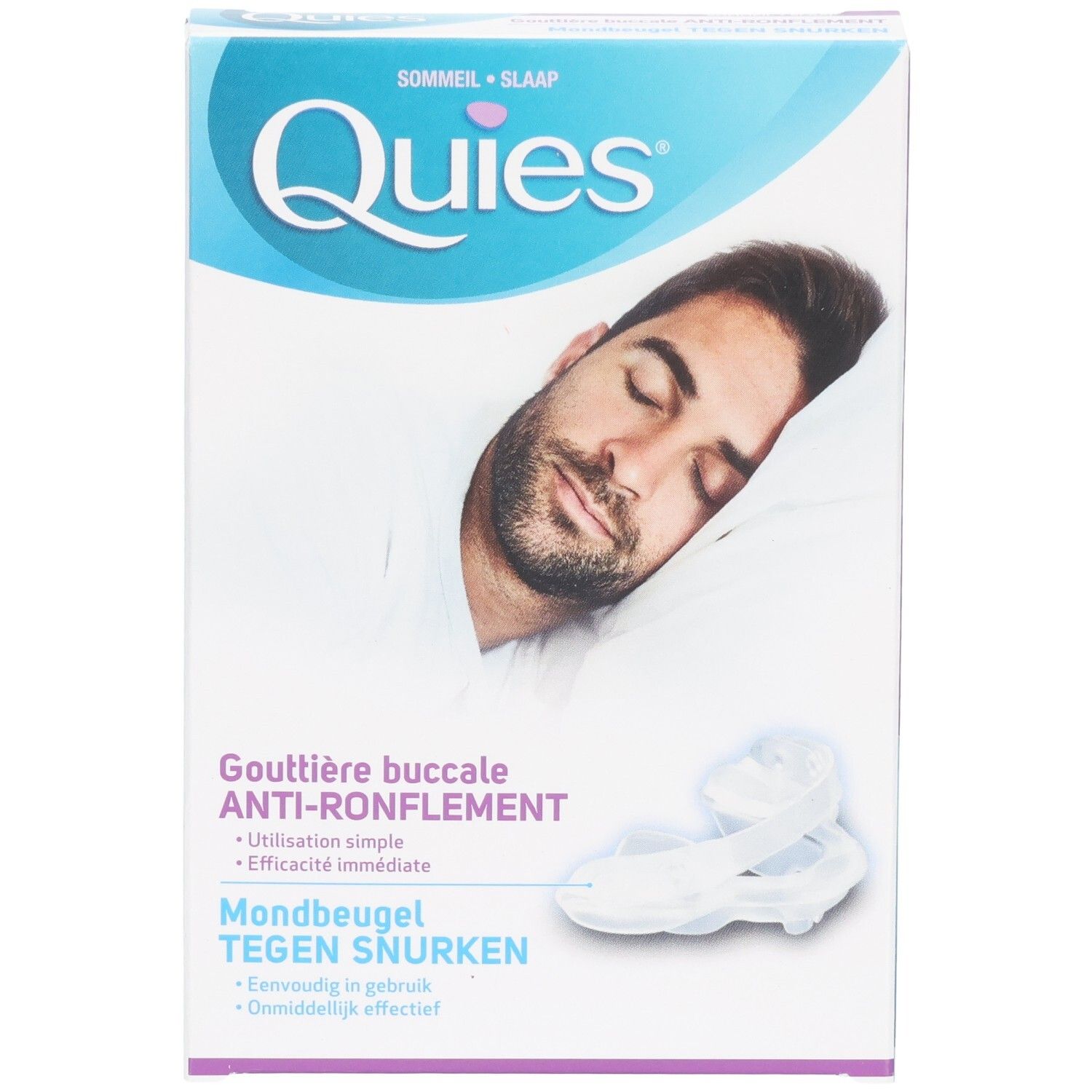 Quies Gouttière anti-ronflement, boîte avec un homme endormi.