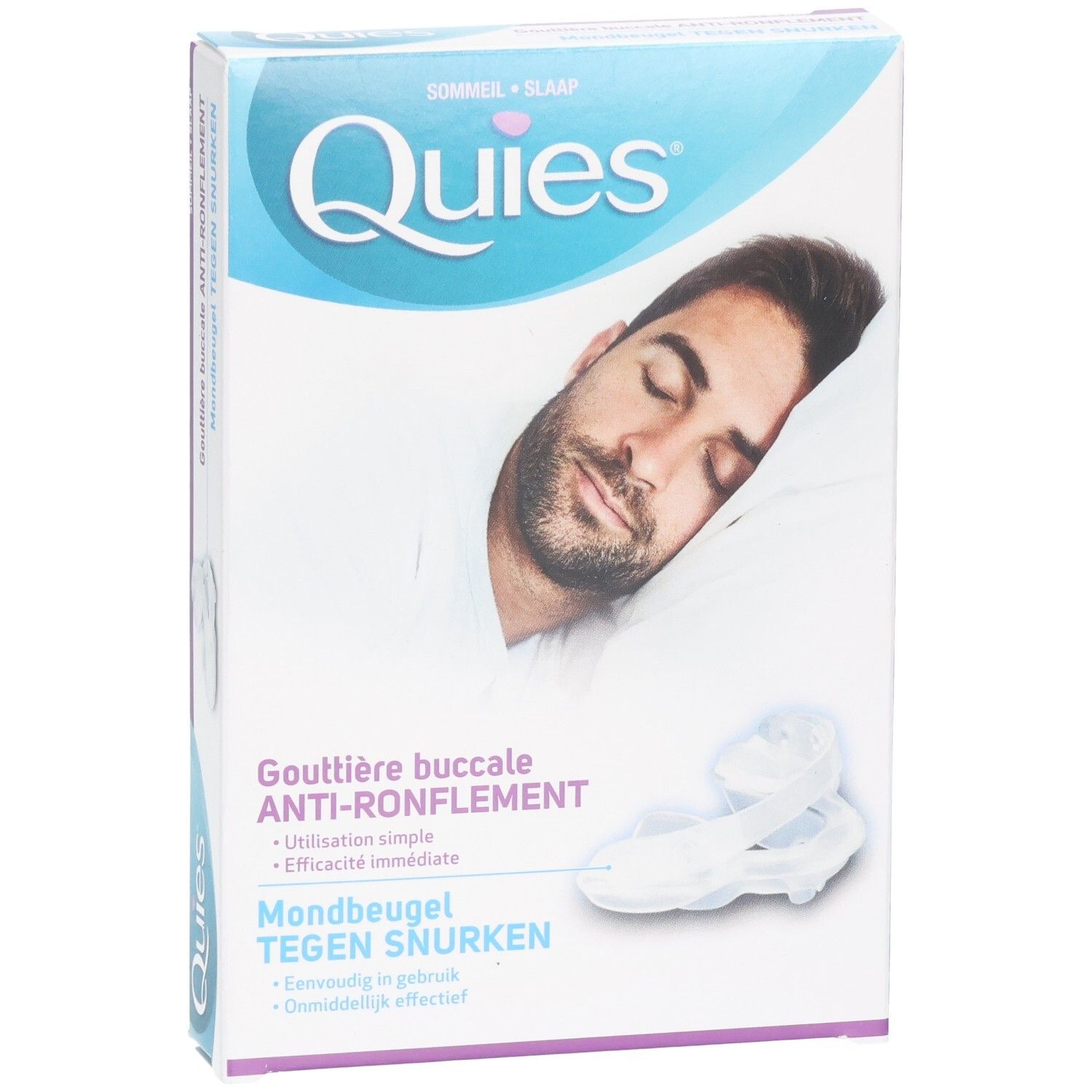 Quies Gouttière anti-ronflement, boîte avec un homme endormi.