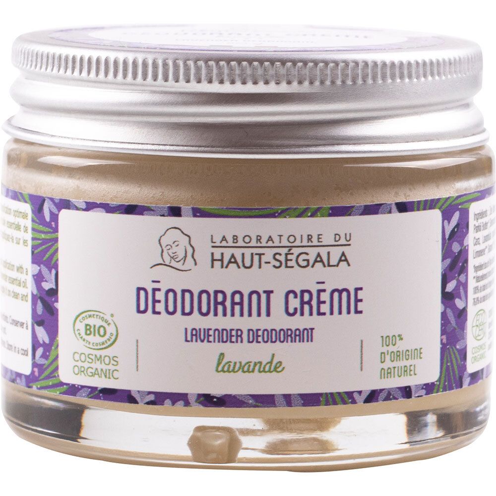 Pot de crème déodorante Lavande. Label avec logo et texte. Certification bio. Couvercle en métal.