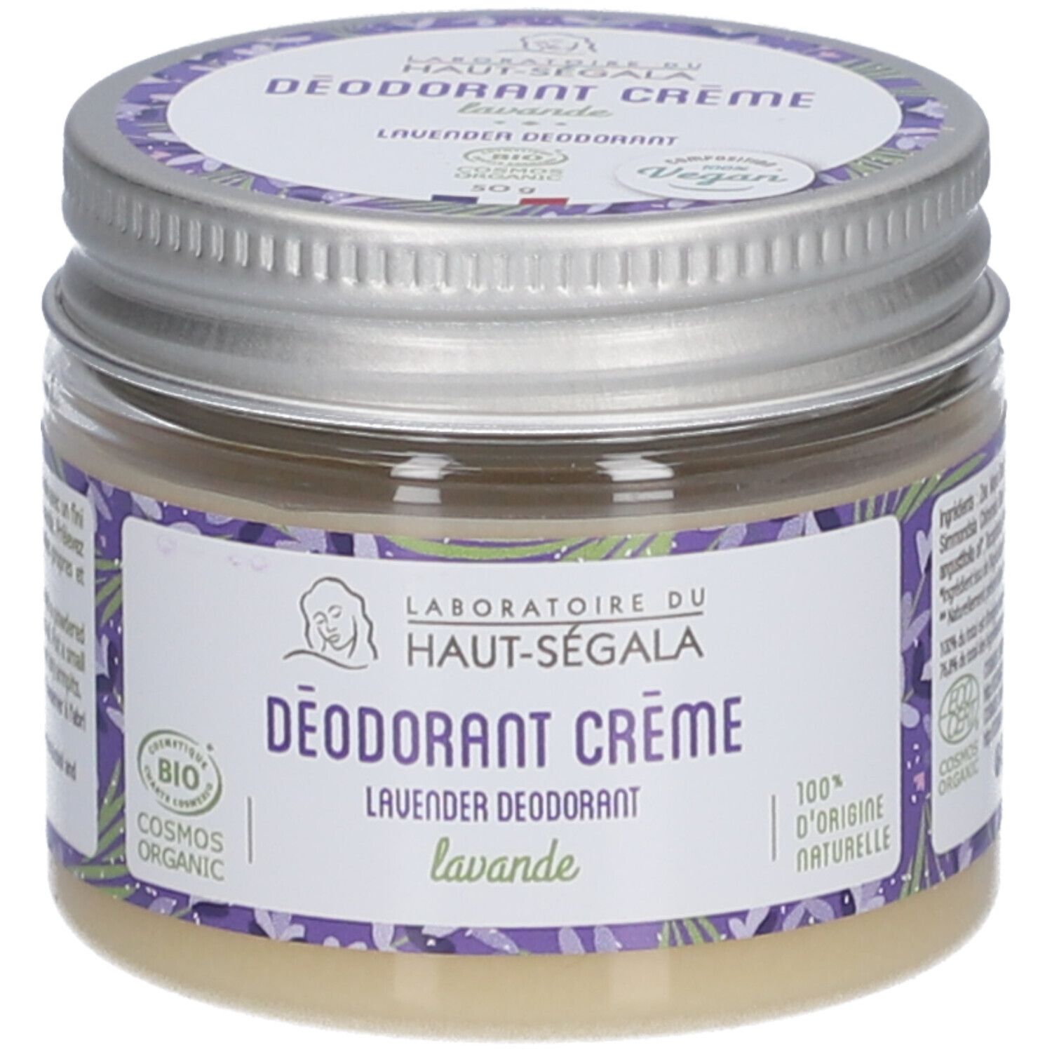 Crème déodorante Lavande en pot. Label avec logo et texte. Label vegan. Couvercle en métal.