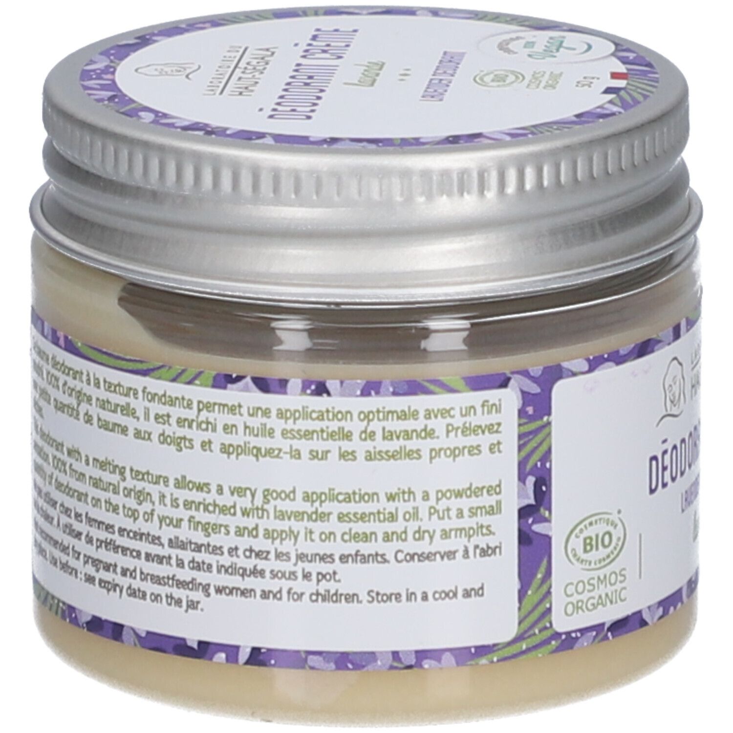 Pot de crème déodorante Lavande. Dos avec texte. Certification bio. Couvercle en métal.