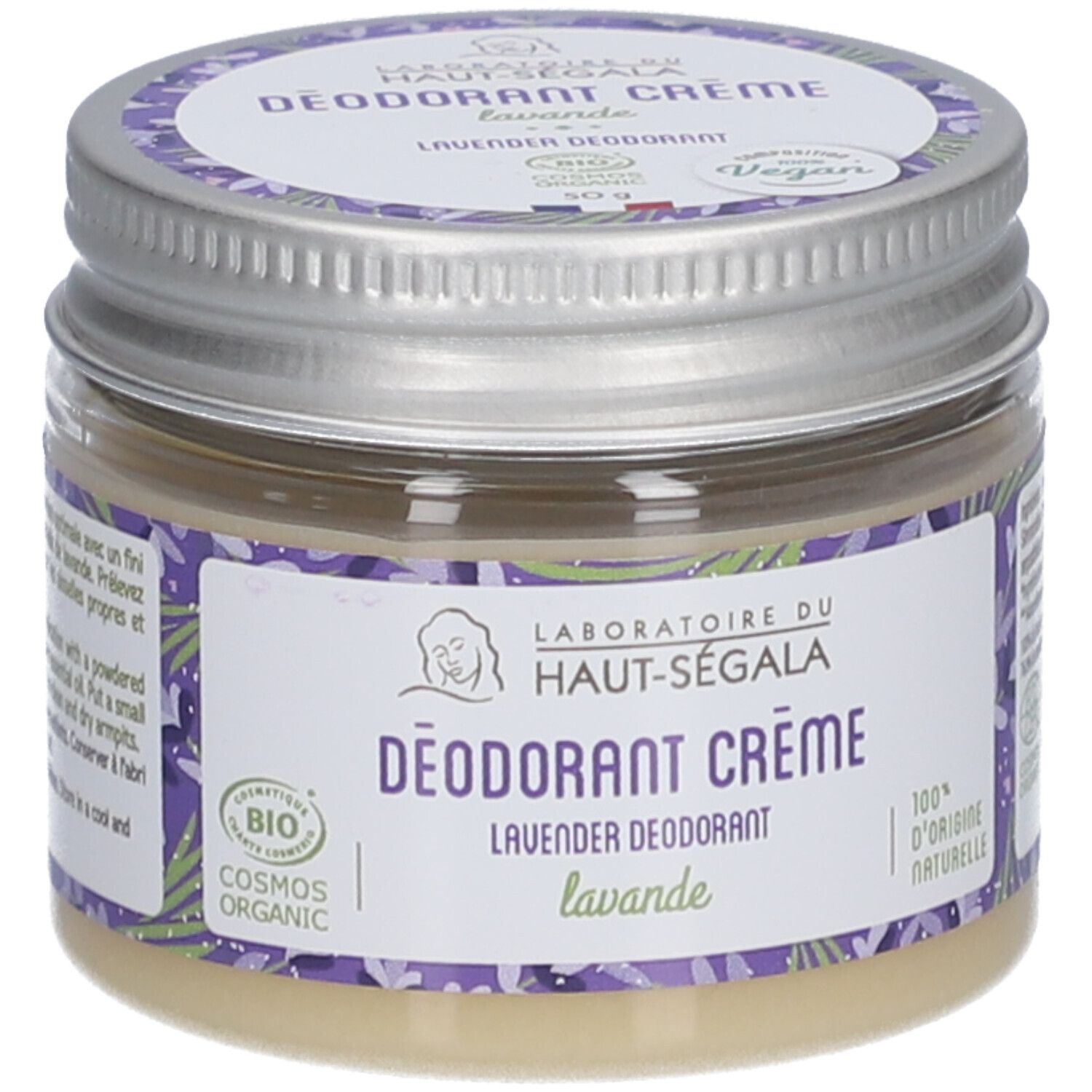 Crème déodorante Lavande en pot. Label avec logo et texte. Label vegan. Couvercle en métal.