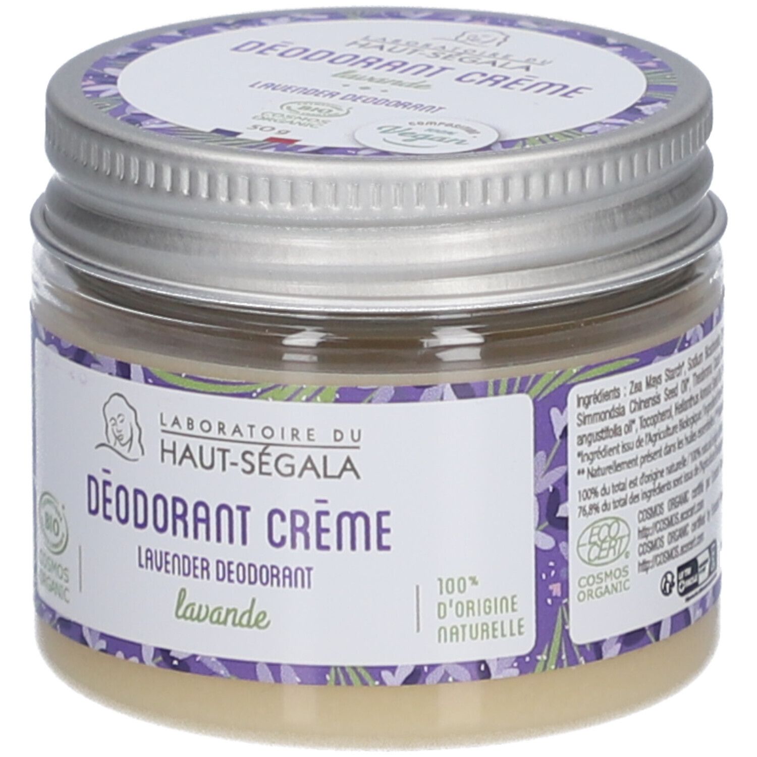 Pot de crème déodorante Lavande. Label avec logo et texte. Certification EcoCert. Couvercle en métal.