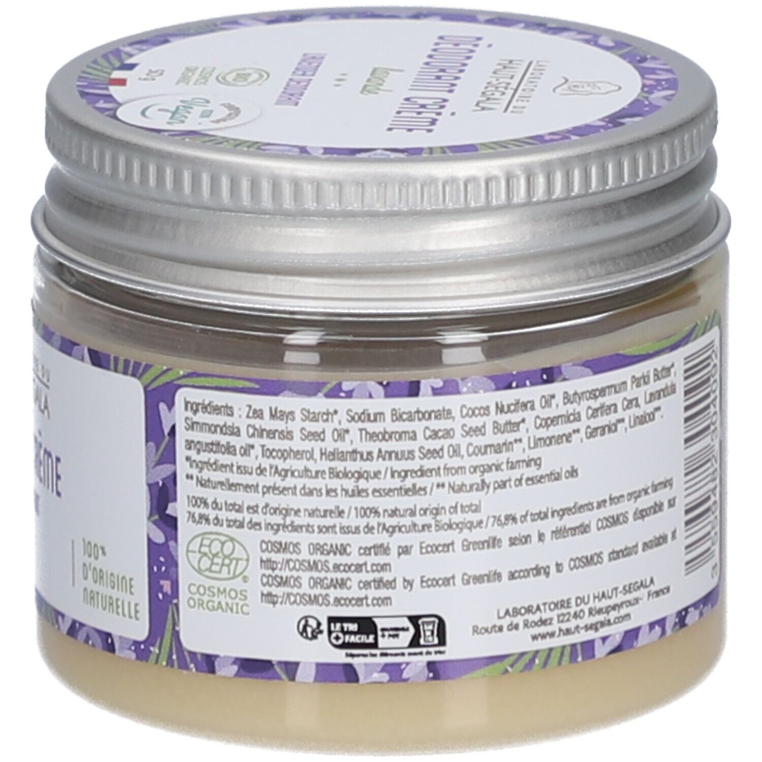 Pot de crème déodorante Lavande. Dos avec texte et ingrédients. Certification EcoCert. Couvercle en métal.