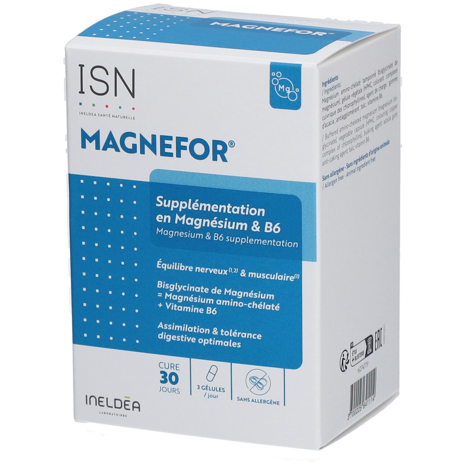 Boîte blanche avec logo ISN et MAGNEFOR. Supplémentation en magnésium & B6. Cure de 30 jours, 3 gélules par jour.