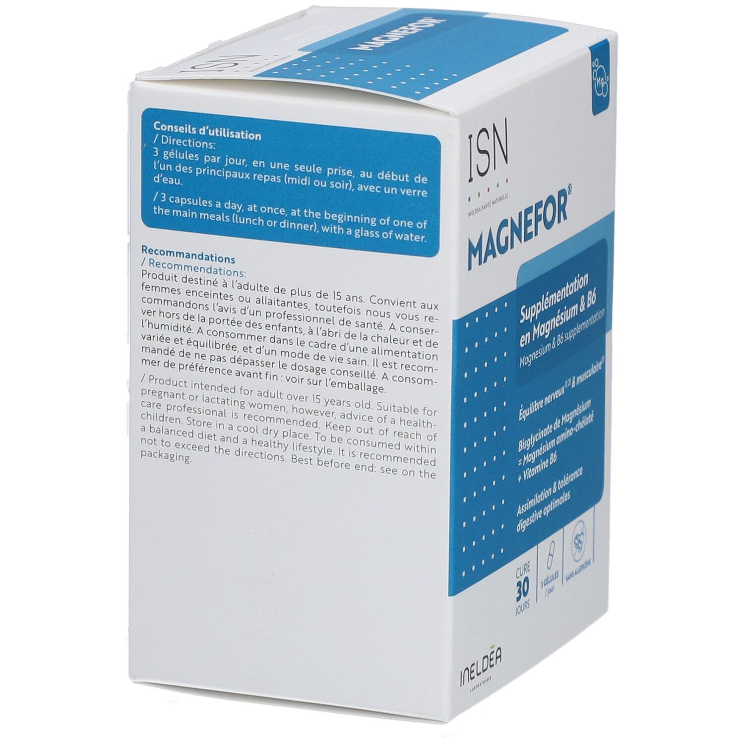 Boîte avec logo ISN et MAGNEFOR. Supplémentation en magnésium & B6. Ingrédients et informations nutritionnelles au dos.