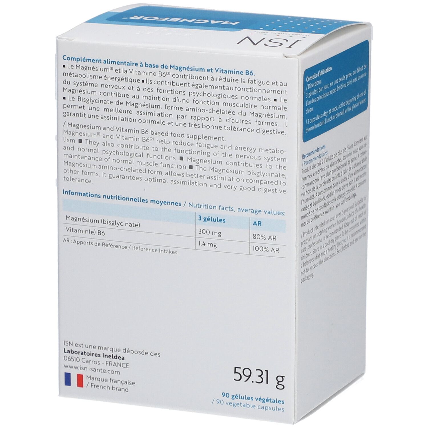 Boîte avec logo ISN et MAGNEFOR. Supplémentation en magnésium & B6. Ingrédients et informations nutritionnelles au dos.