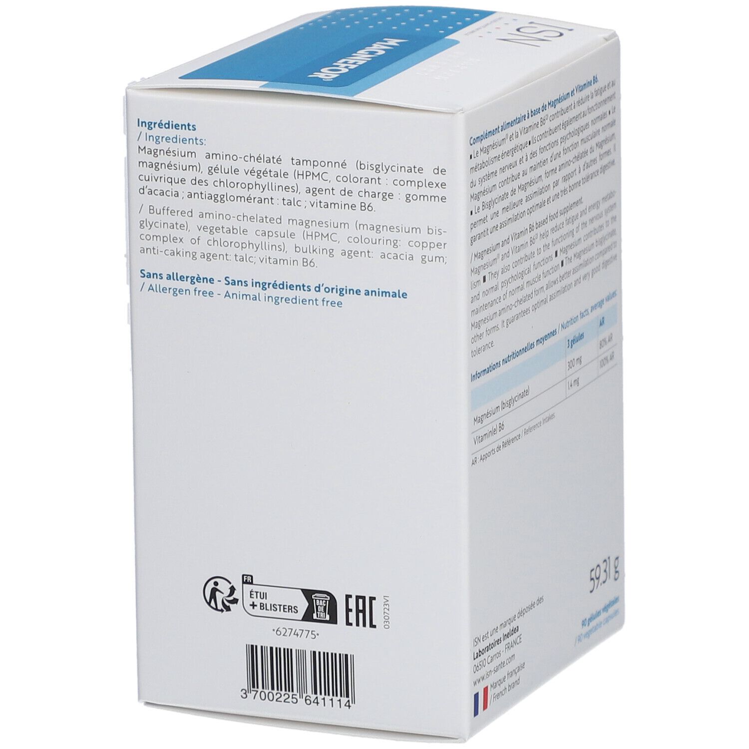 Boîte avec logo ISN et MAGNEFOR. Supplémentation en magnésium & B6. Ingrédients et informations nutritionnelles au dos.