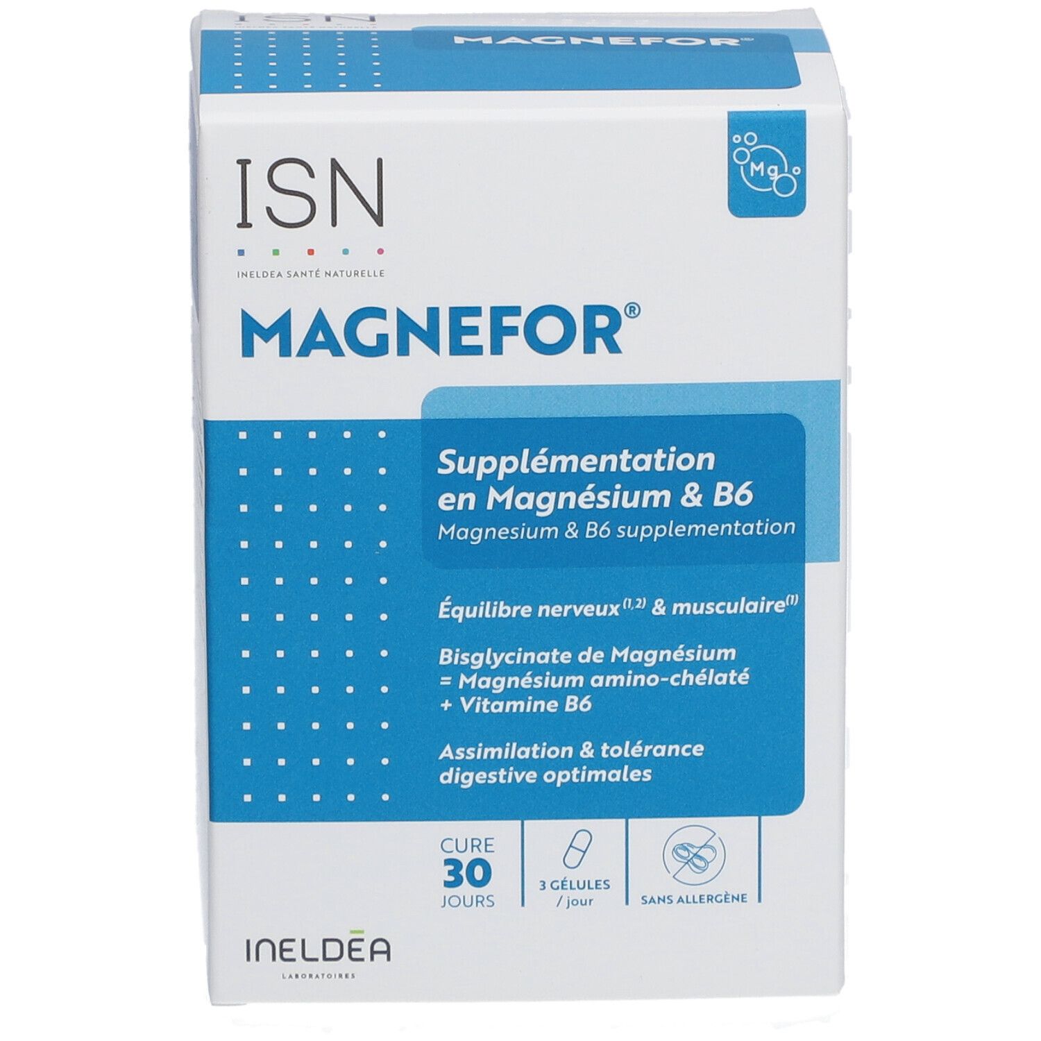 Boîte blanche avec logo ISN et MAGNEFOR. Supplémentation en magnésium & B6. Cure de 30 jours, 3 gélules par jour.