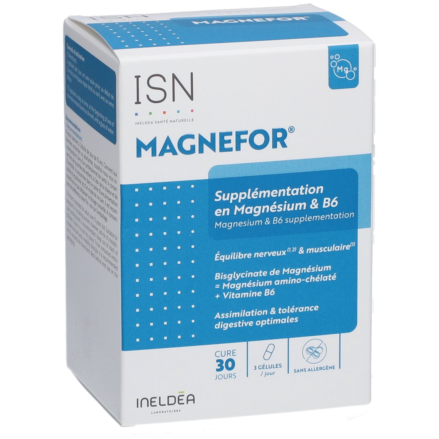 Boîte blanche avec logo ISN et MAGNEFOR. Supplémentation en magnésium & B6. Cure de 30 jours, 3 gélules par jour.
