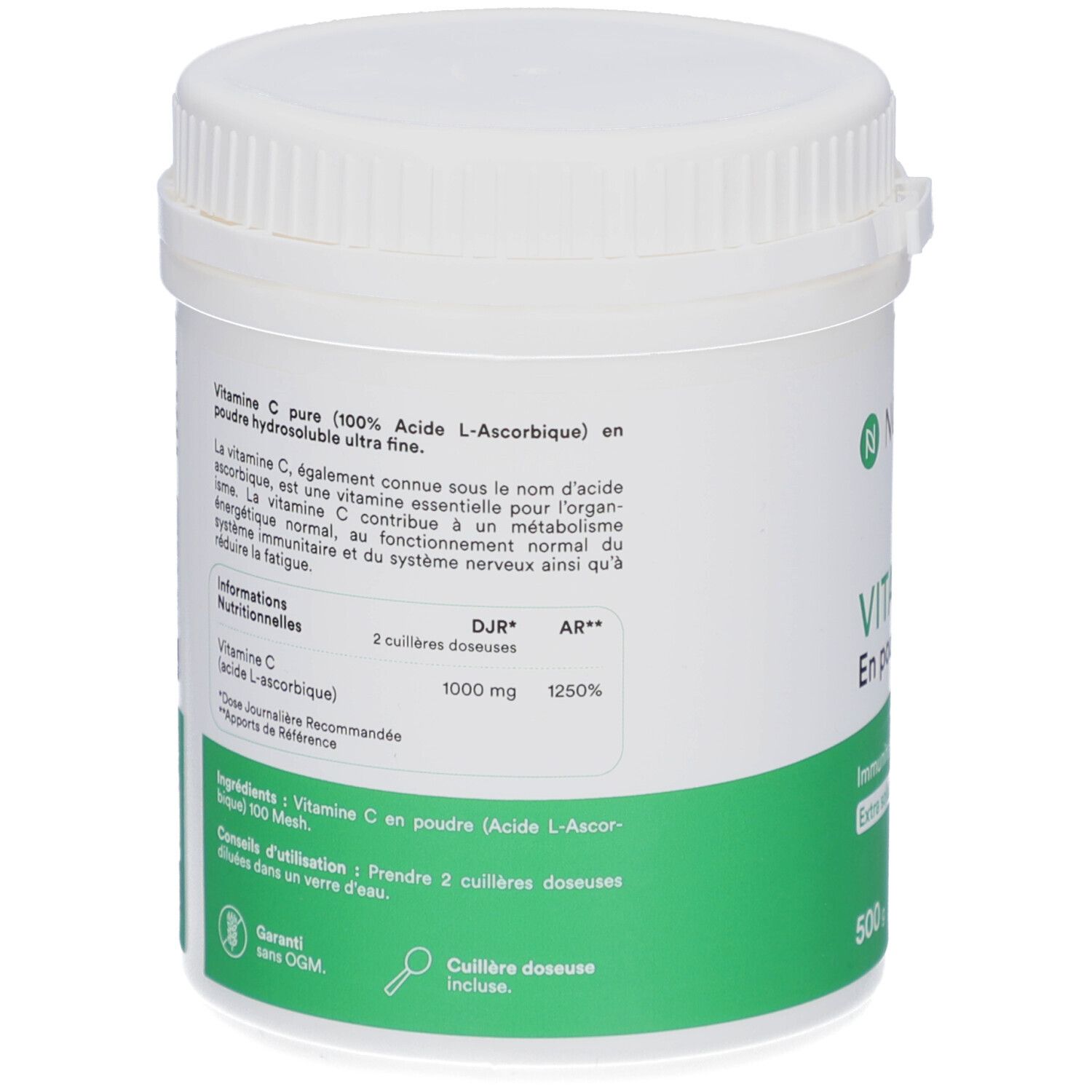Dos du pot blanc. Texte: Vitamine C, acide ascorbique pur. Dosage: 2 cuillères doseuses. Cuillère doseuse incluse.