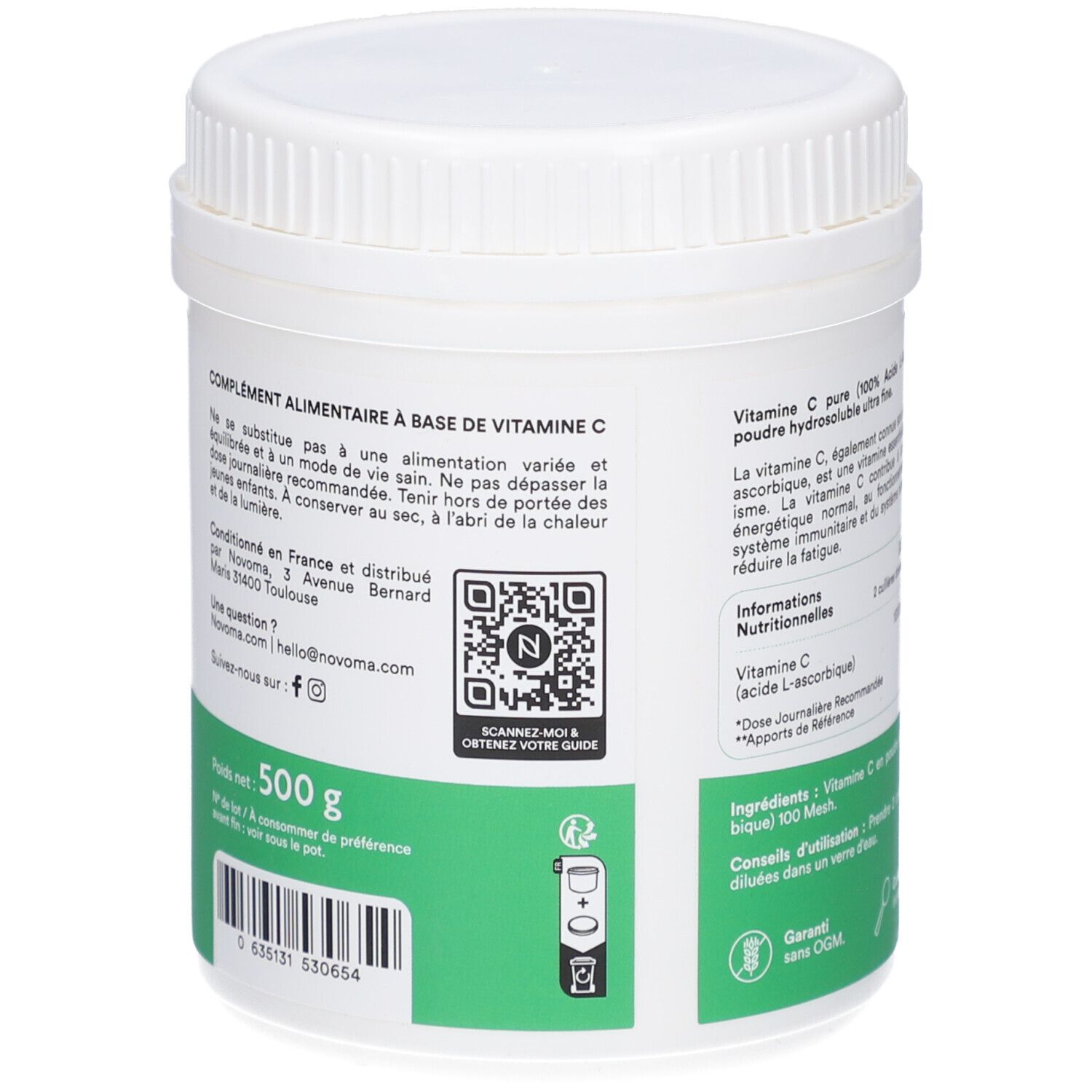 Dos du pot blanc. Texte: Complément alimentaire à base de vitamine C. Code QR. 500 g. Fabriqué en France.