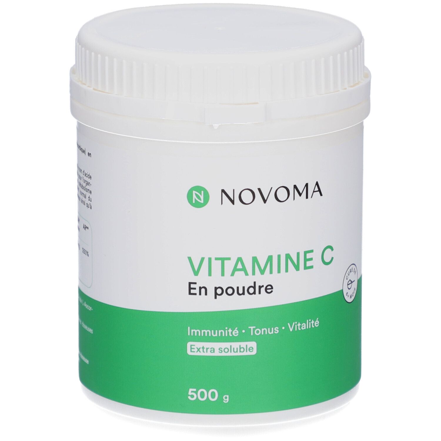 Pot blanc avec étiquette verte. NOVOMA VITAMINE C, poudre. 500 g. Couvercle à vis.