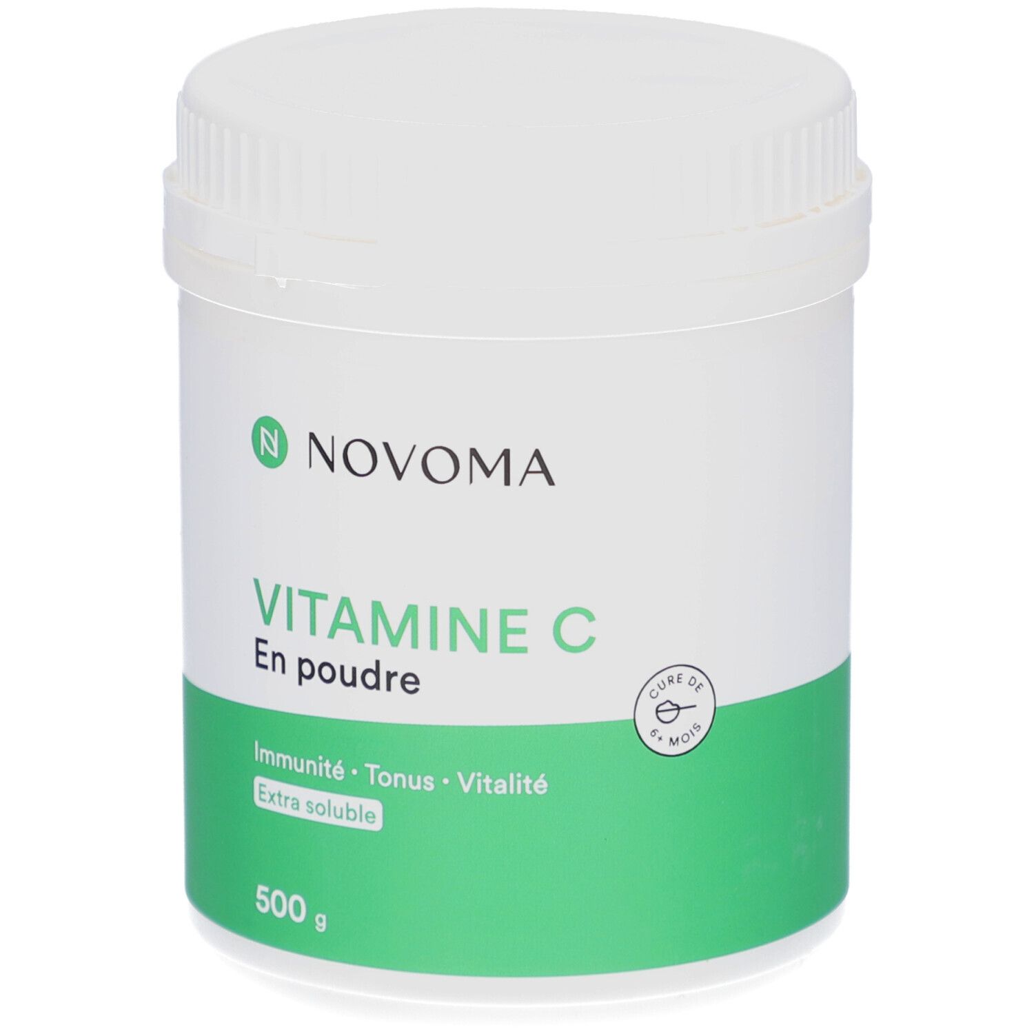 Pot blanc avec étiquette verte. NOVOMA VITAMINE C, poudre. 500 g. Couvercle à vis.