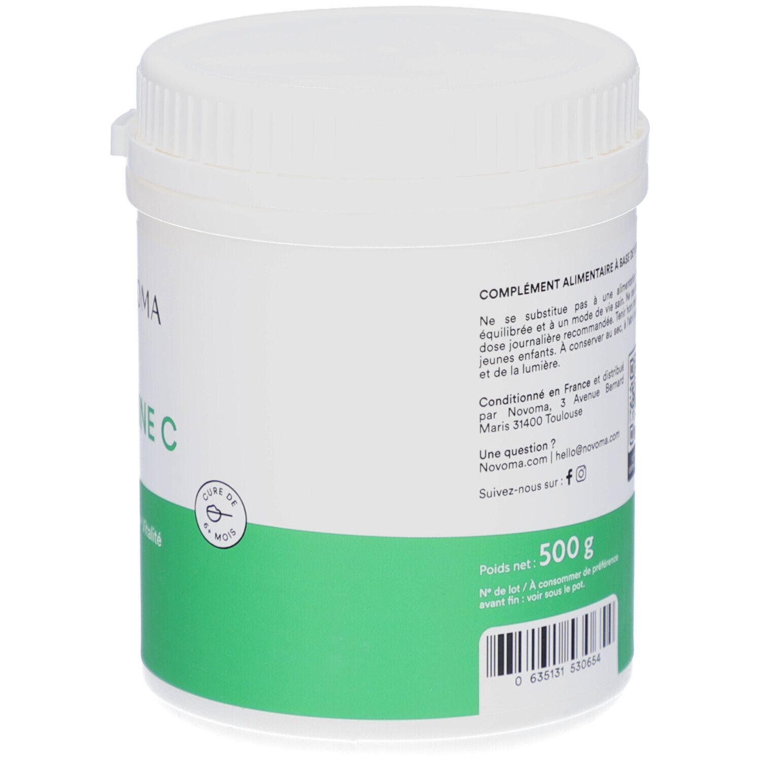 Dos du pot blanc. Texte: Complément alimentaire. 500 g. Fabriqué en France. Couvercle à vis.