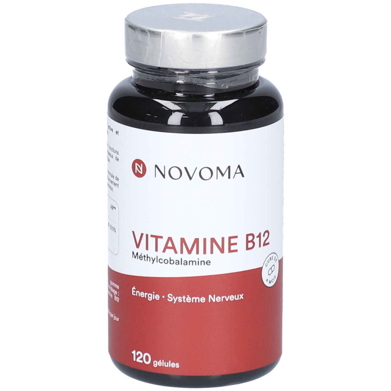 Flacon noir NOVOMA VITAMINE B12. Inscription: Vitamine B12, 120 gélules. Bouchon argenté.