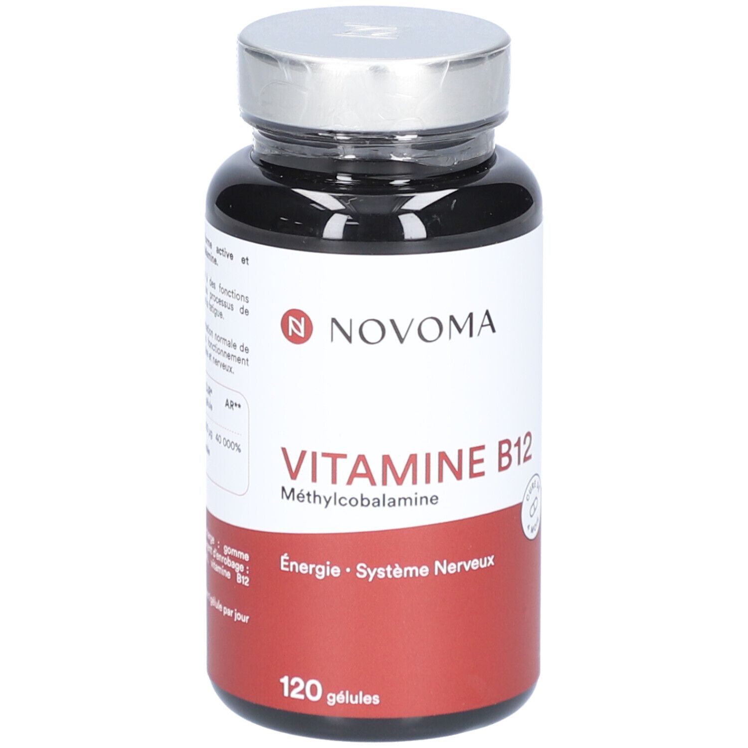 Flacon noir NOVOMA VITAMINE B12. Inscription: Vitamine B12, 120 gélules. Bouchon argenté.