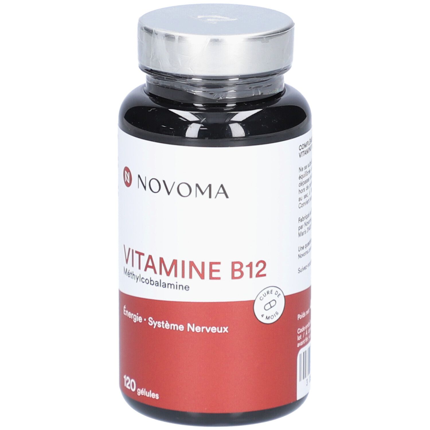 Flacon noir NOVOMA VITAMINE B12. Inscription: Vitamine B12, 120 gélules. Bouchon argenté. Avec logo.