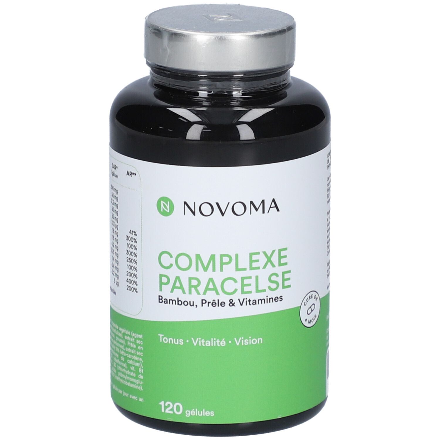 Flacon noir NOVOMA COMPLEXE PARACELSE. Étiquette verte avec texte. 120 gélules.