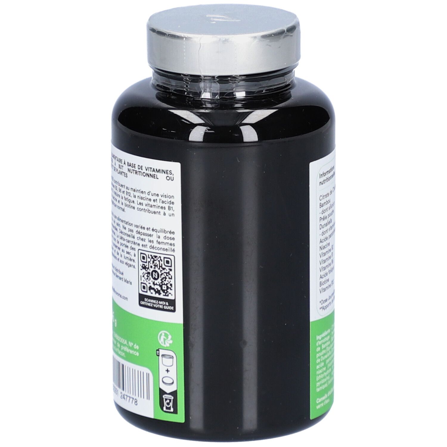 Vue arrière du flacon noir NOVOMA COMPLEXE PARACELSE. Code QR et texte sur l'étiquette.