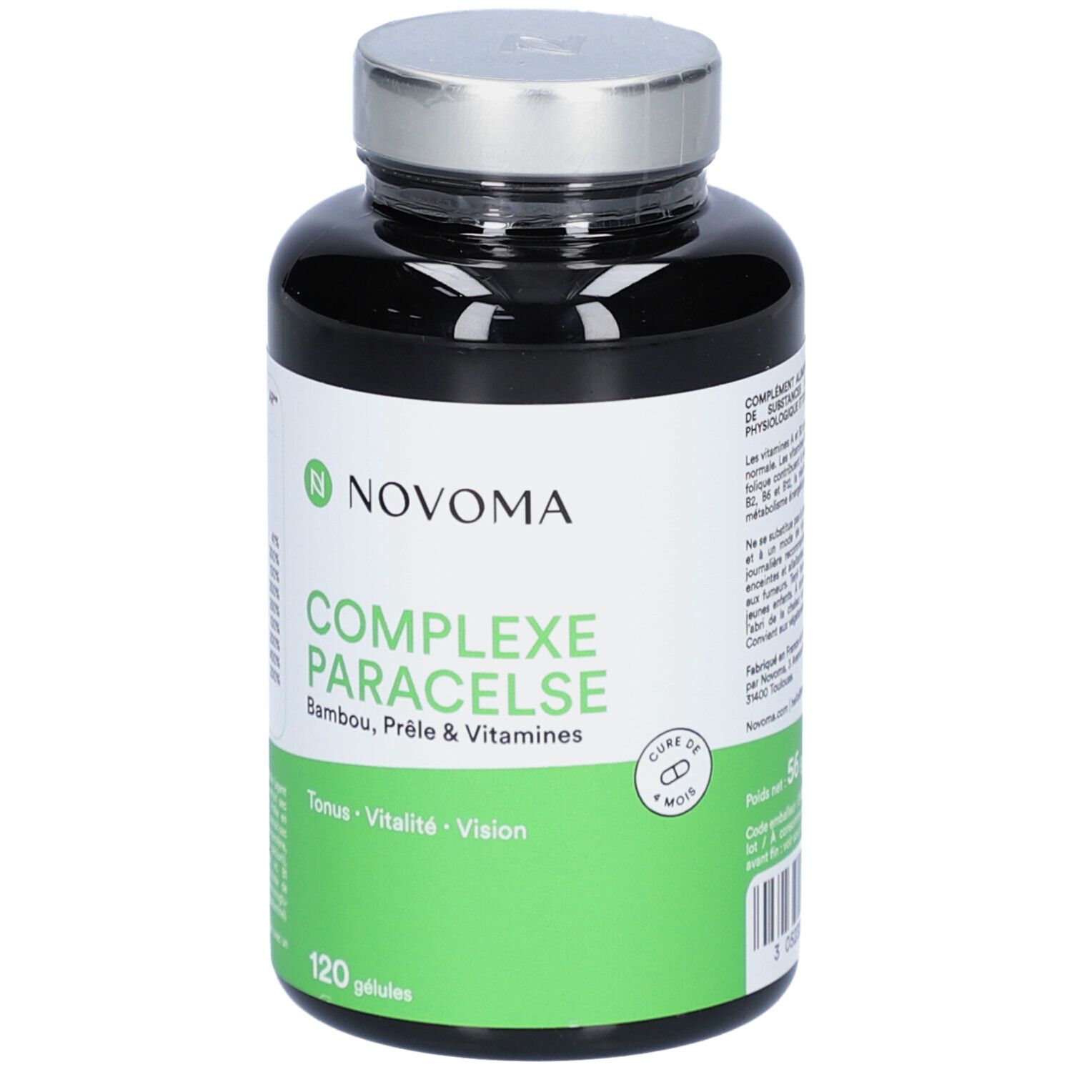 Flacon noir NOVOMA COMPLEXE PARACELSE. Étiquette verte avec texte. 120 gélules. Couvercle argenté.