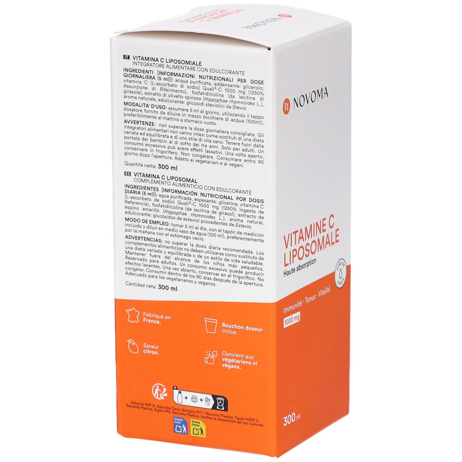 Dos de la boîte NOVOMA VITAMINE C LIPOSOMALE. Texte multilingue. Zone orange avec symboles.