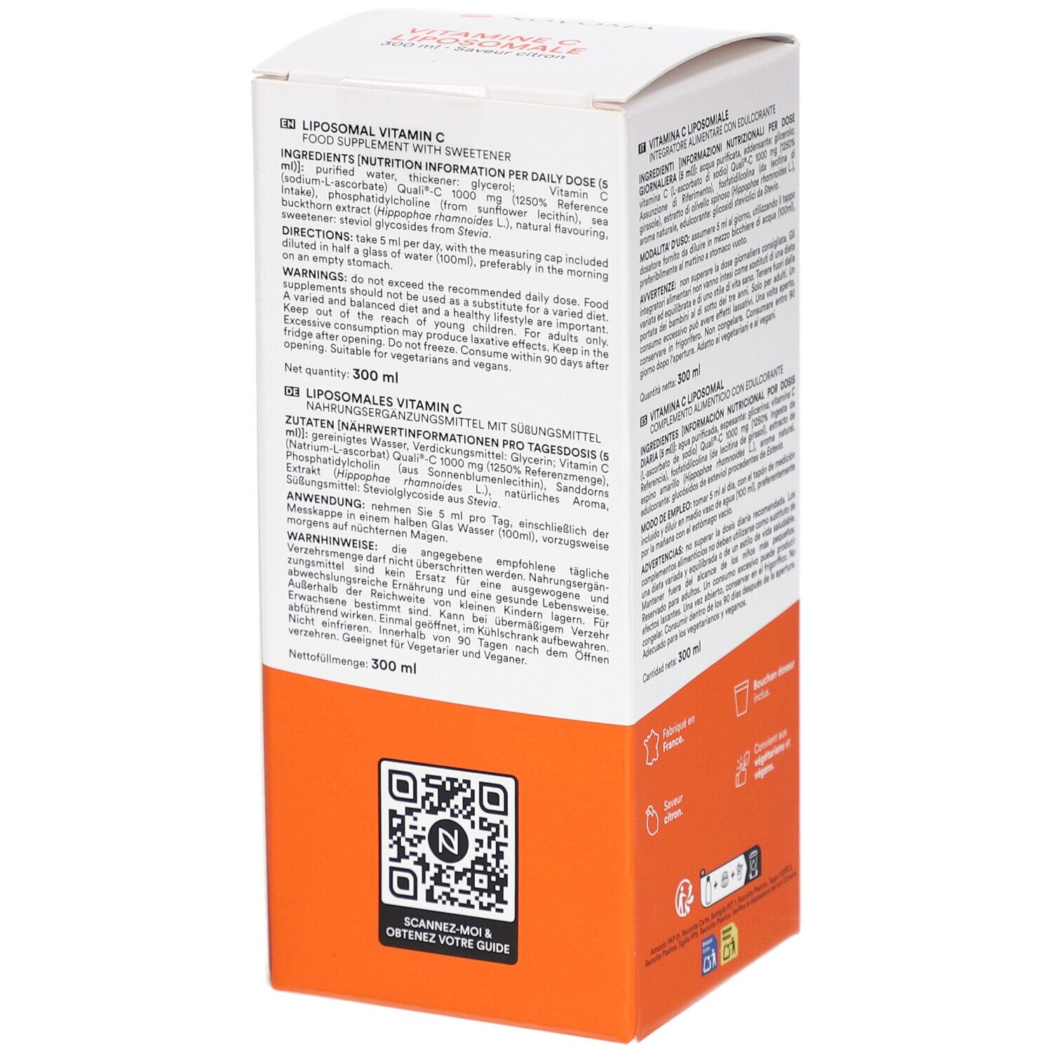 Côté de la boîte NOVOMA VITAMINE C LIPOSOMALE. Texte multilingue. Code QR et zone orange.
