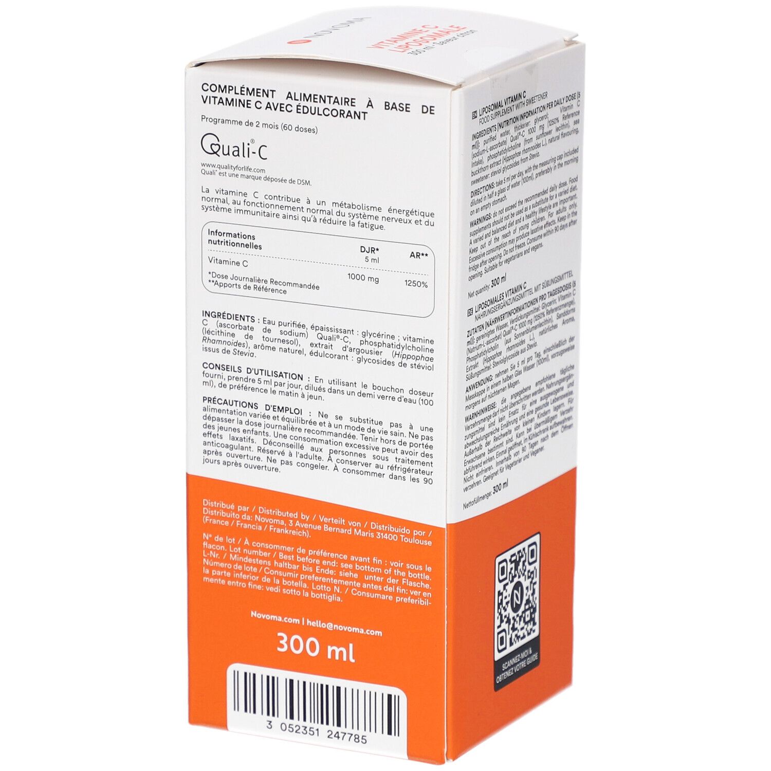 Côté de la boîte NOVOMA VITAMINE C LIPOSOMALE. Texte multilingue. Code QR et zone orange.