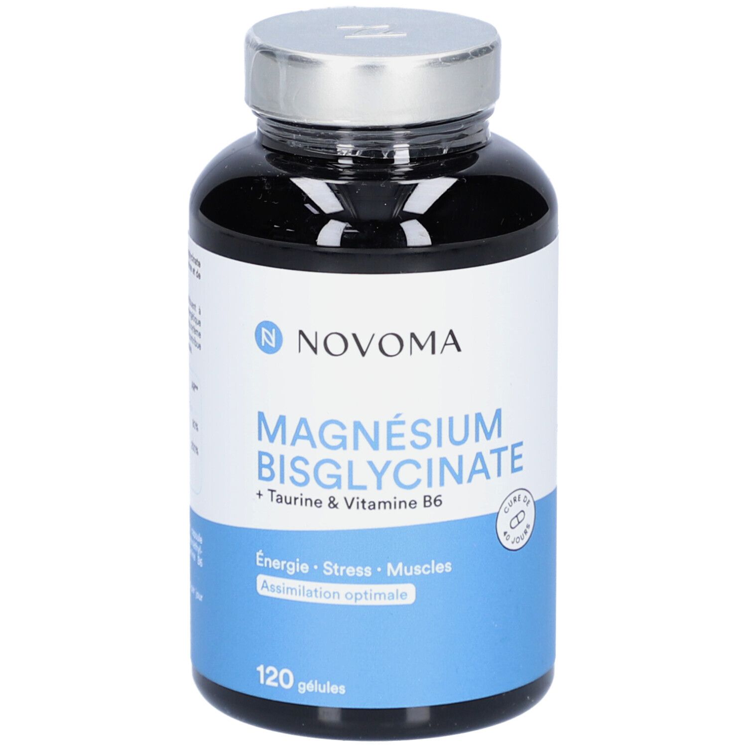 Flacon noir avec étiquette blanche. Inscription : NOVOMA, MAGNÉSIUM BISGLYCINATE, Taurine & Vitamine B6. 120 gélules.