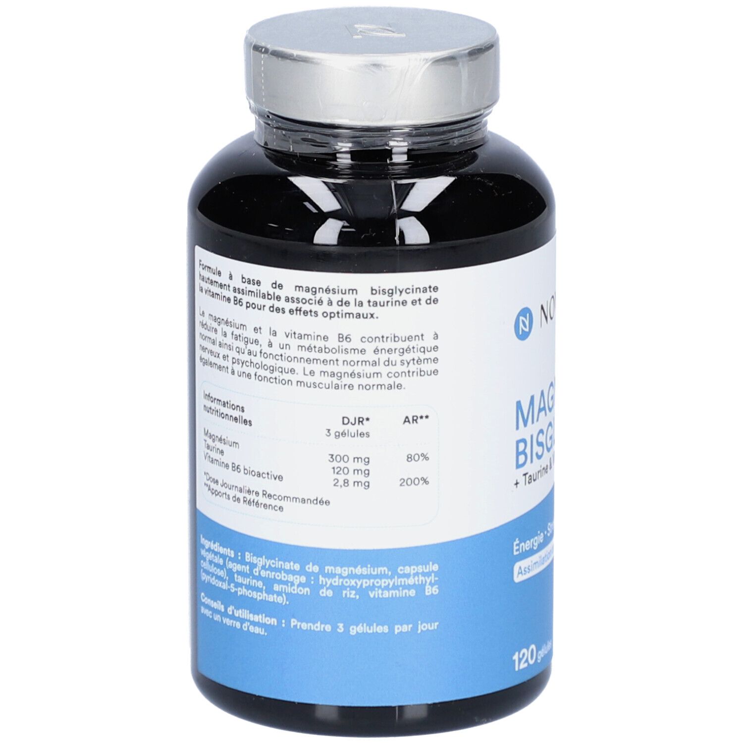 Dos du flacon. Texte : Formule à base de bisglycinate de magnésium, vitamine B6. Informations nutritionnelles, ingrédients, conseils d'utilisation.