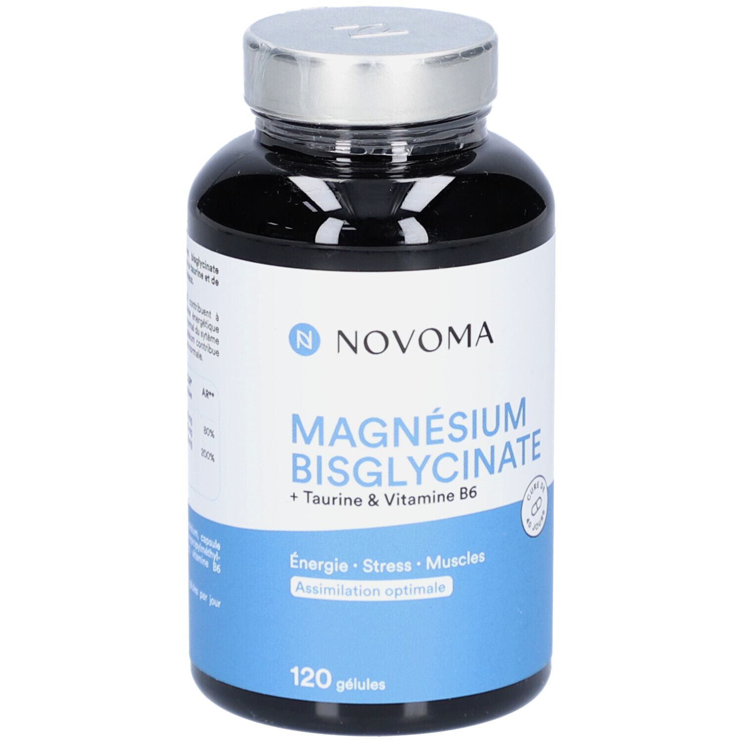 Flacon noir avec étiquette blanche. Inscription : NOVOMA, MAGNÉSIUM BISGLYCINATE, Taurine & Vitamine B6. 120 gélules.