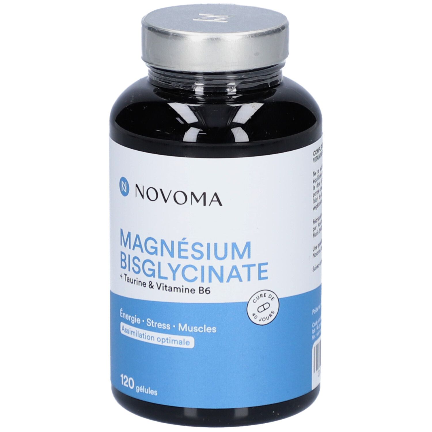 Flacon noir avec étiquette blanche. Inscription : NOVOMA, MAGNÉSIUM BISGLYCINATE, Taurine & Vitamine B6. 120 gélules. 'Cure de 45 jours'.
