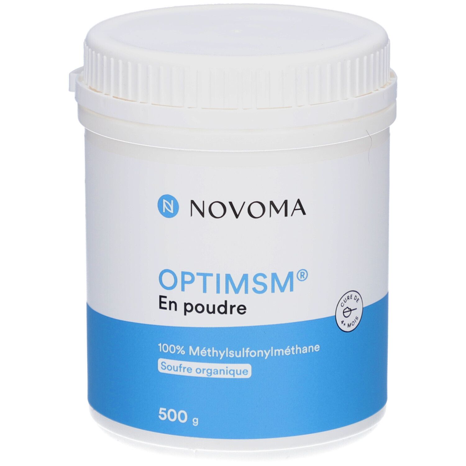 Pot blanc et bleu NOVOMA OPTIMSM En poudre. 500 g. 100% Méthylsulfonylméthane.