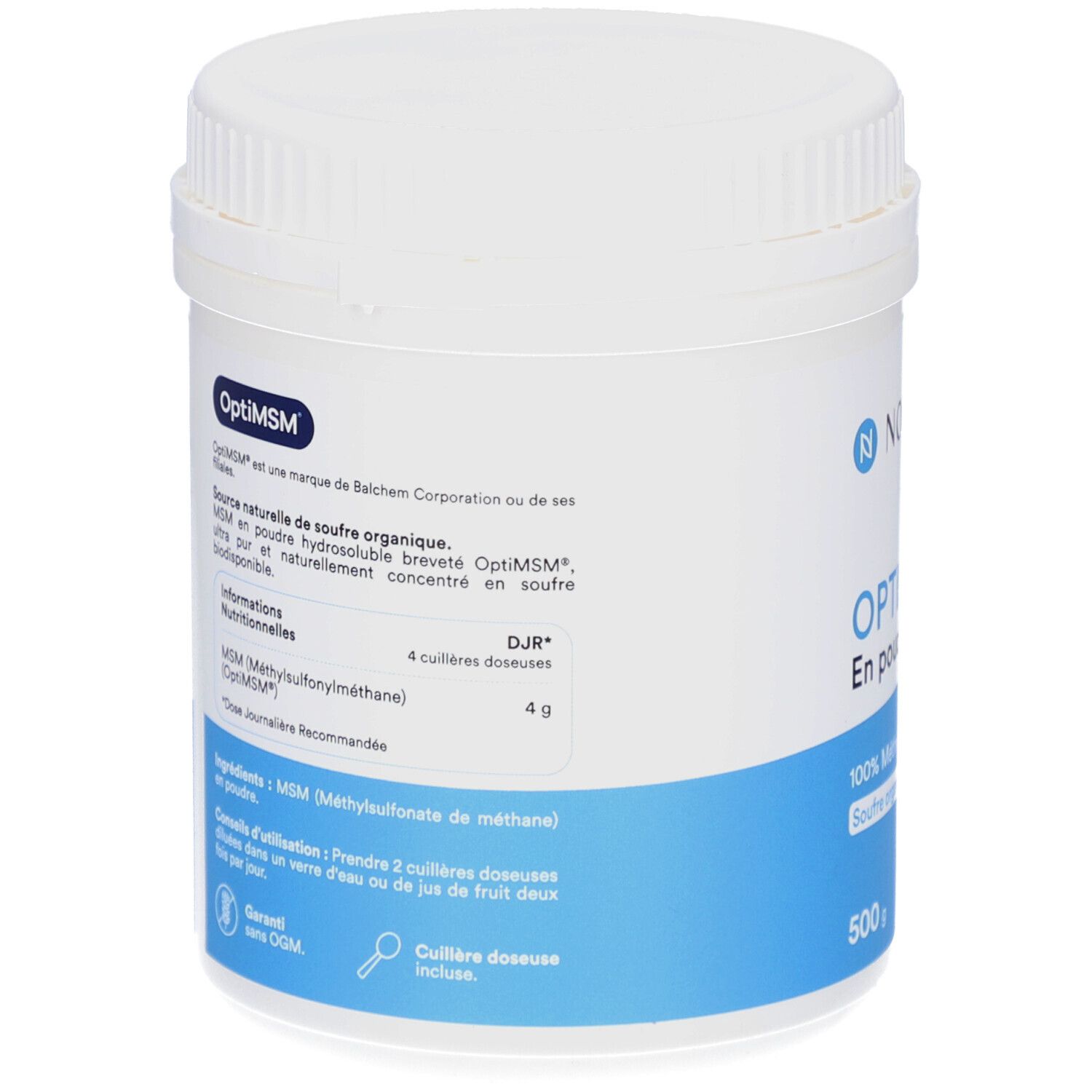 Dos de pot blanc. Informations OptiMSM. 500 g. Cuillère doseuse incluse. Ingrédients: MSM.
