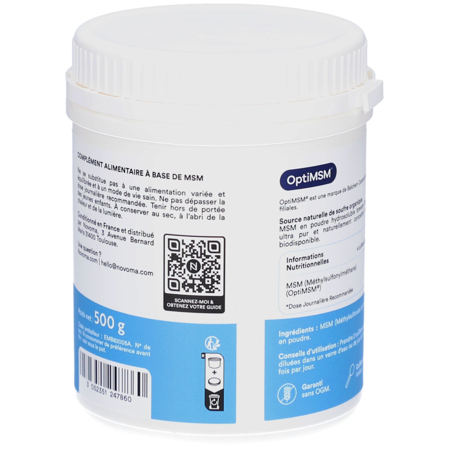 Dos de pot blanc. Complément alimentaire à base de MSM. Code QR. 500 g. Garanti sans OGM.