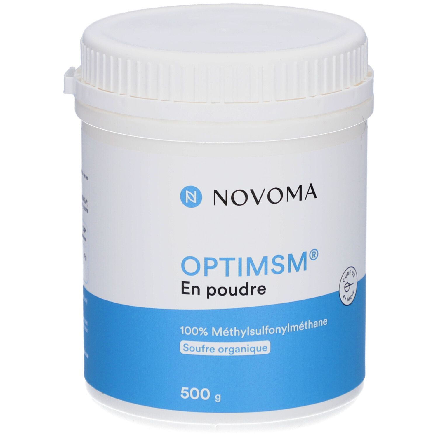 Pot blanc et bleu NOVOMA OPTIMSM En poudre. 500 g. 100% Méthylsulfonylméthane.