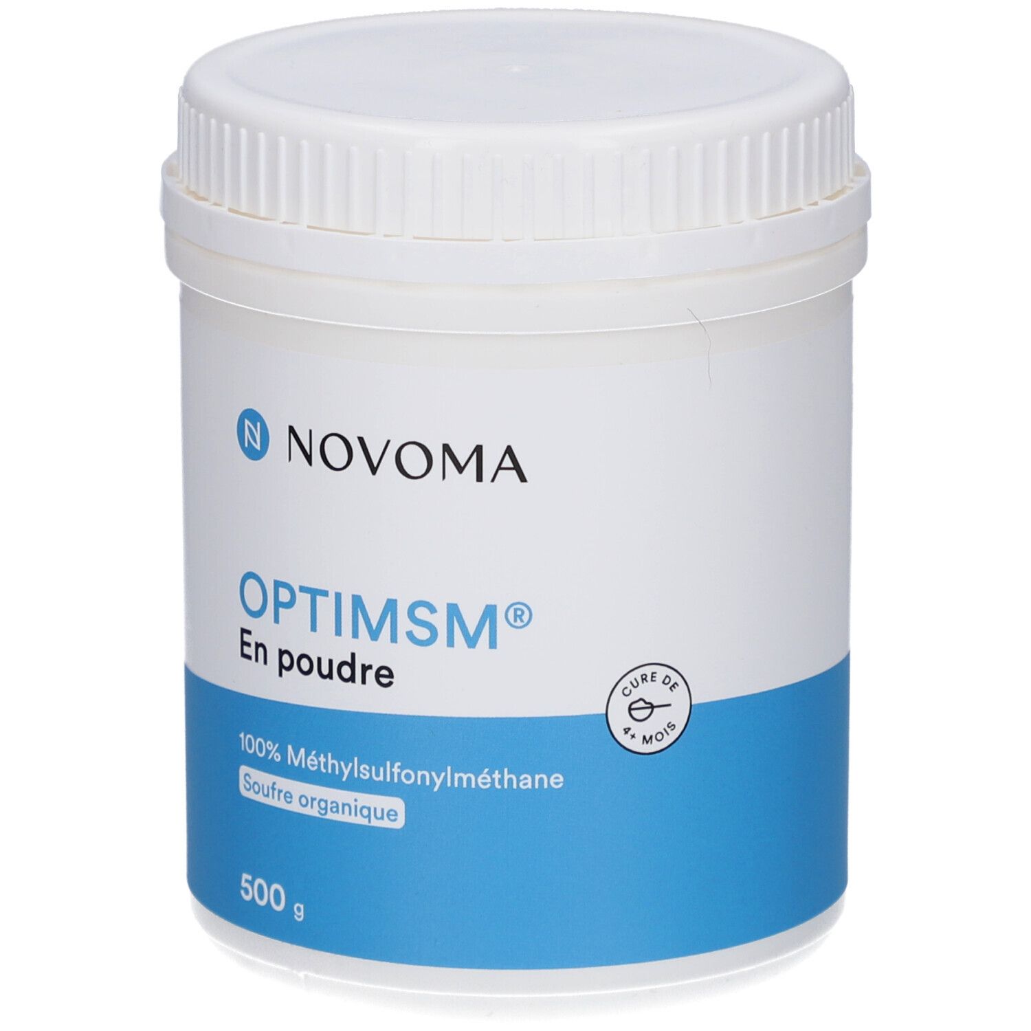 Pot blanc et bleu NOVOMA OPTIMSM En poudre. 500 g. 100% Méthylsulfonylméthane. Cure de 6 mois.