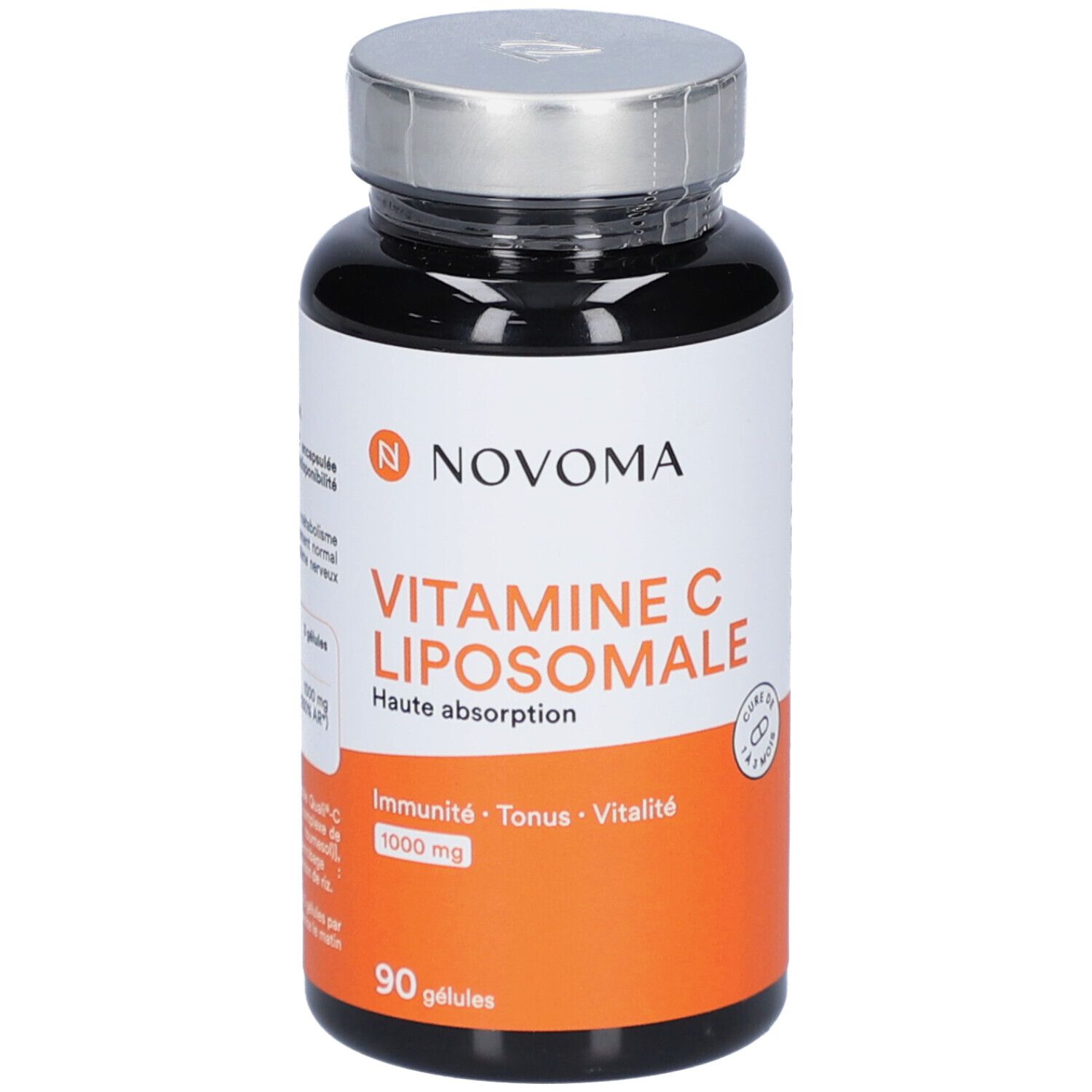 Flacon noir avec étiquette blanche. Inscription: VITAMINE C LIPOSOMALE. 90 gélules. Bouchon argenté.