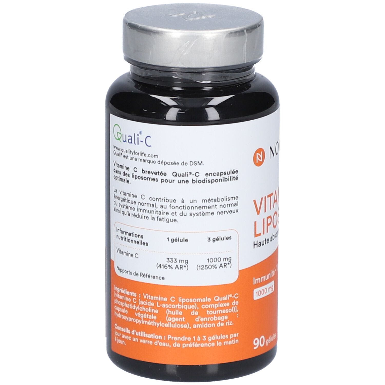 Dos du flacon. Informations sur les ingrédients et la valeur nutritionnelle. Marque Quali-C. 90 gélules.